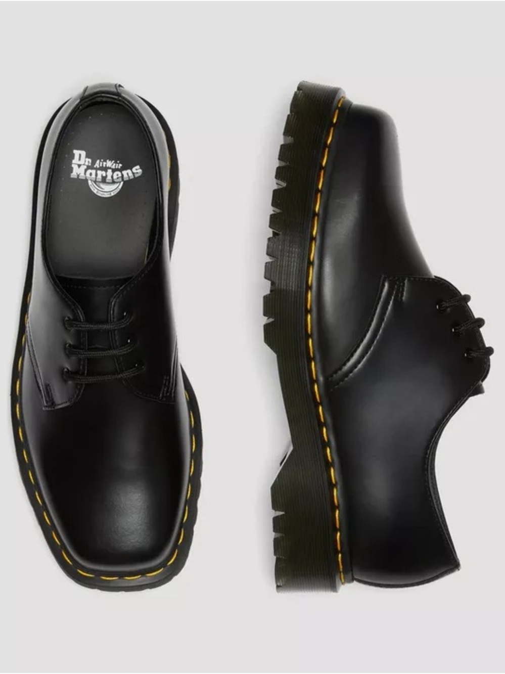 Dr. Martens Black Leather Lace-Up 3-Eye Oxfords with Yellow Stitching